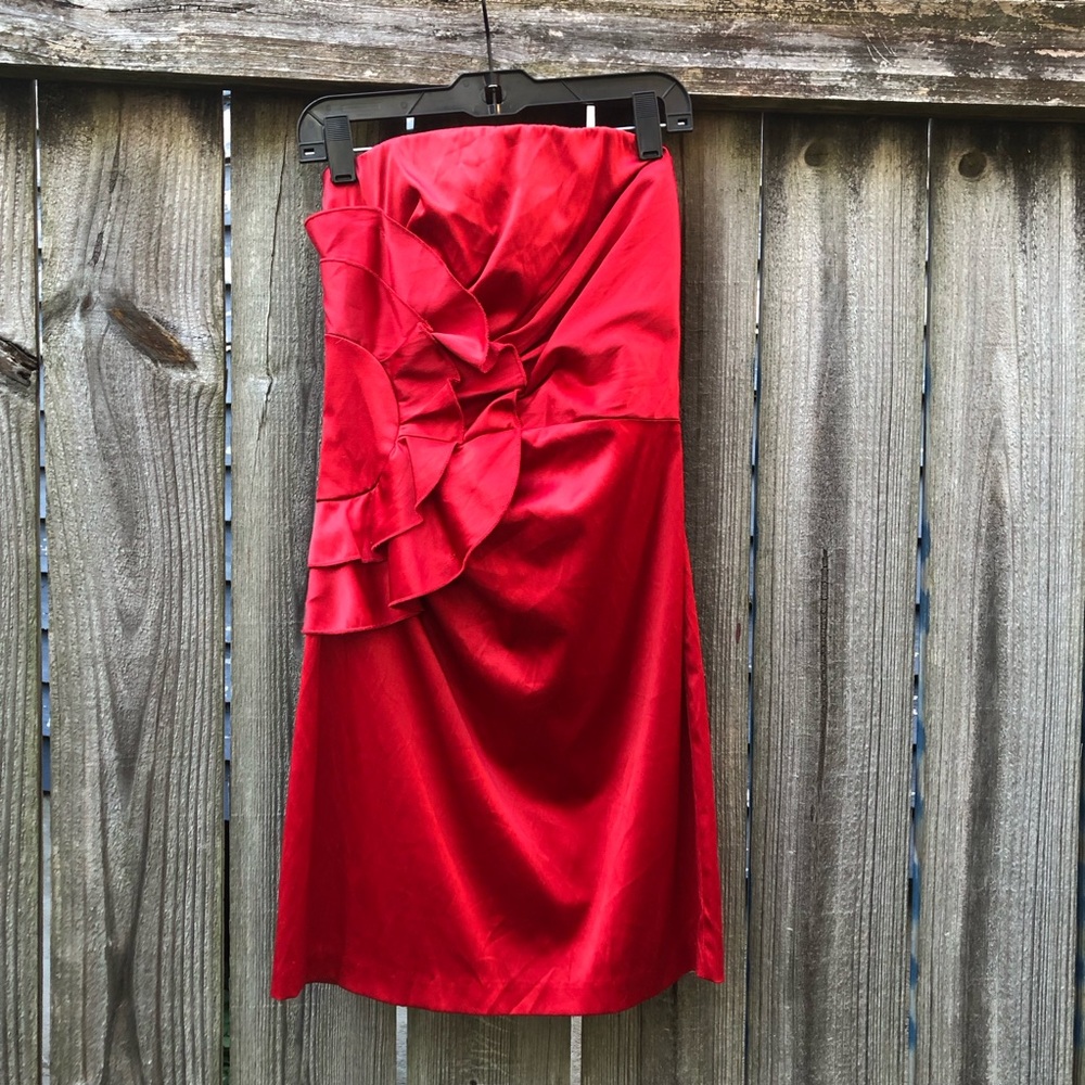 Jessica McClintock Gunne Sax Vintage 80s Red Satin Strapless Dress Ruffle